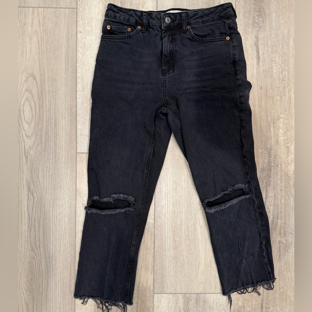 ASOS Topshop Women's‎ Straight-Leg High-Rise Ripped Black Denim Stretch Jeans 30